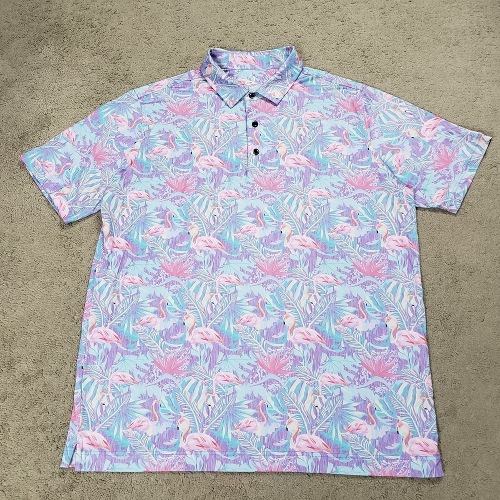 Deolax Polo Shirt Mens Extra Large Blue Pink Flamingo Print Golf Golfer Stretch